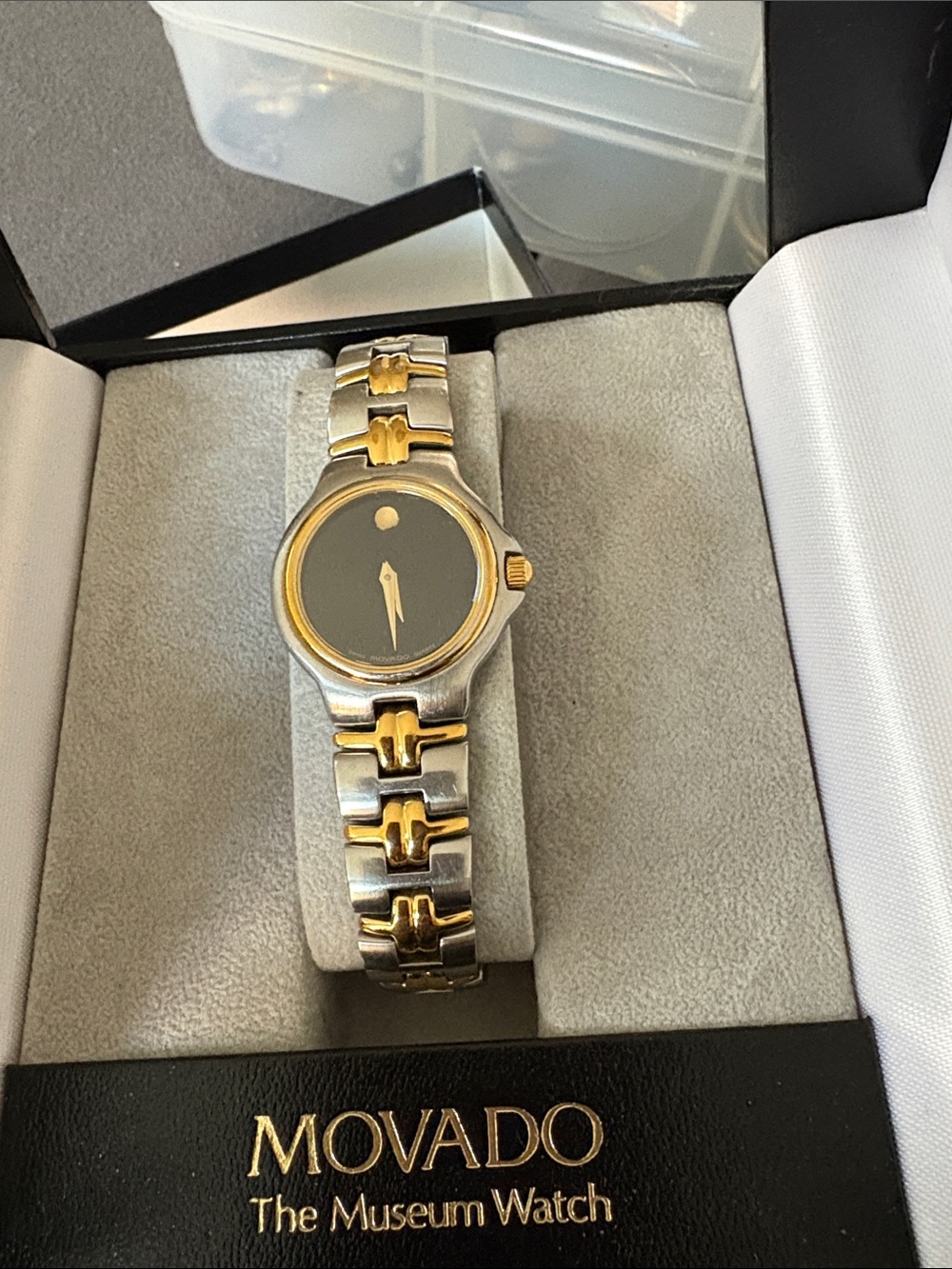 Movado Two-Tone Black Dial Watch with Gold Accents